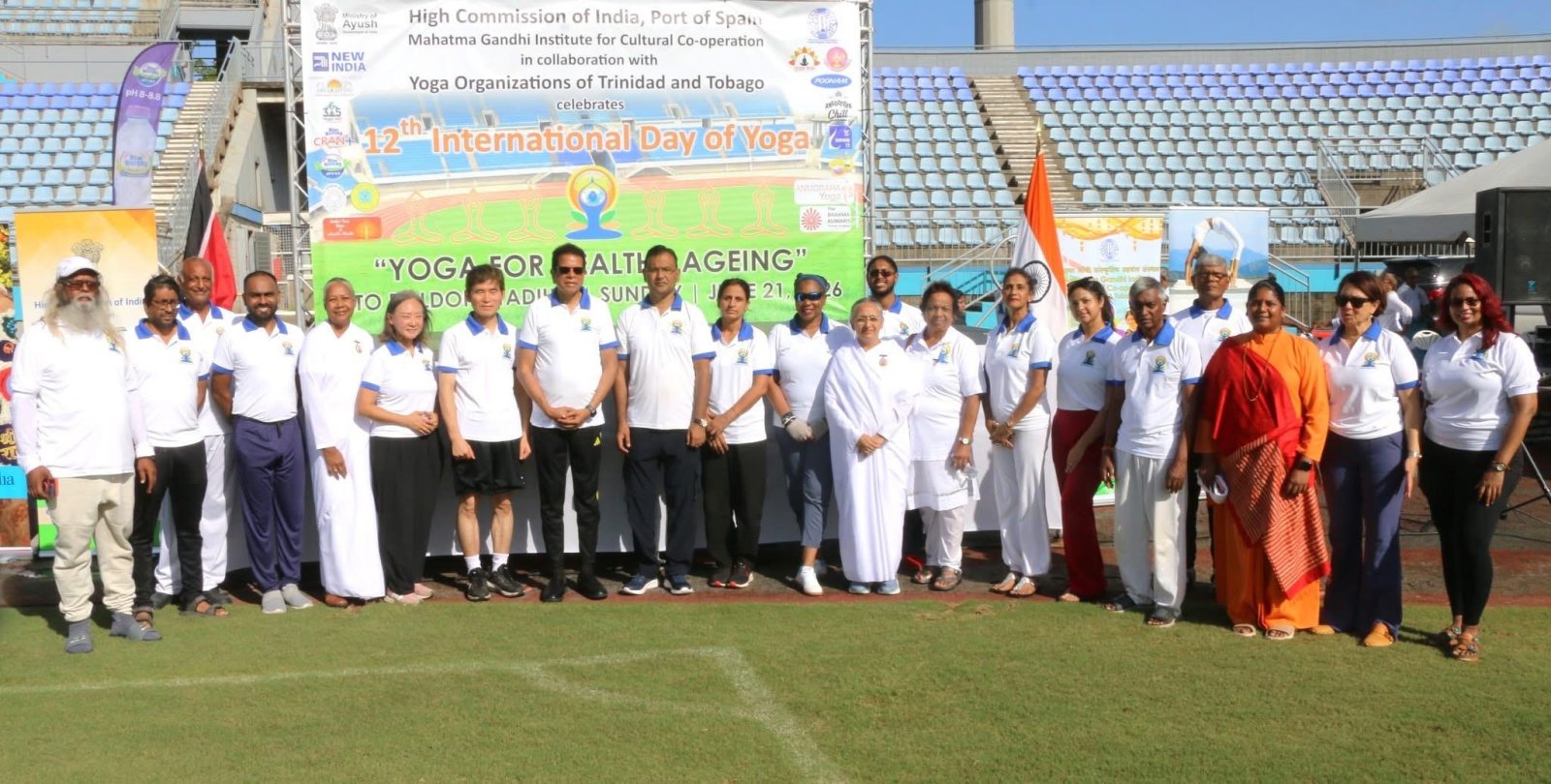 Celebration of Yoga Day at the Ato Boldon Stadium in Trinidad on June 21, 2026.