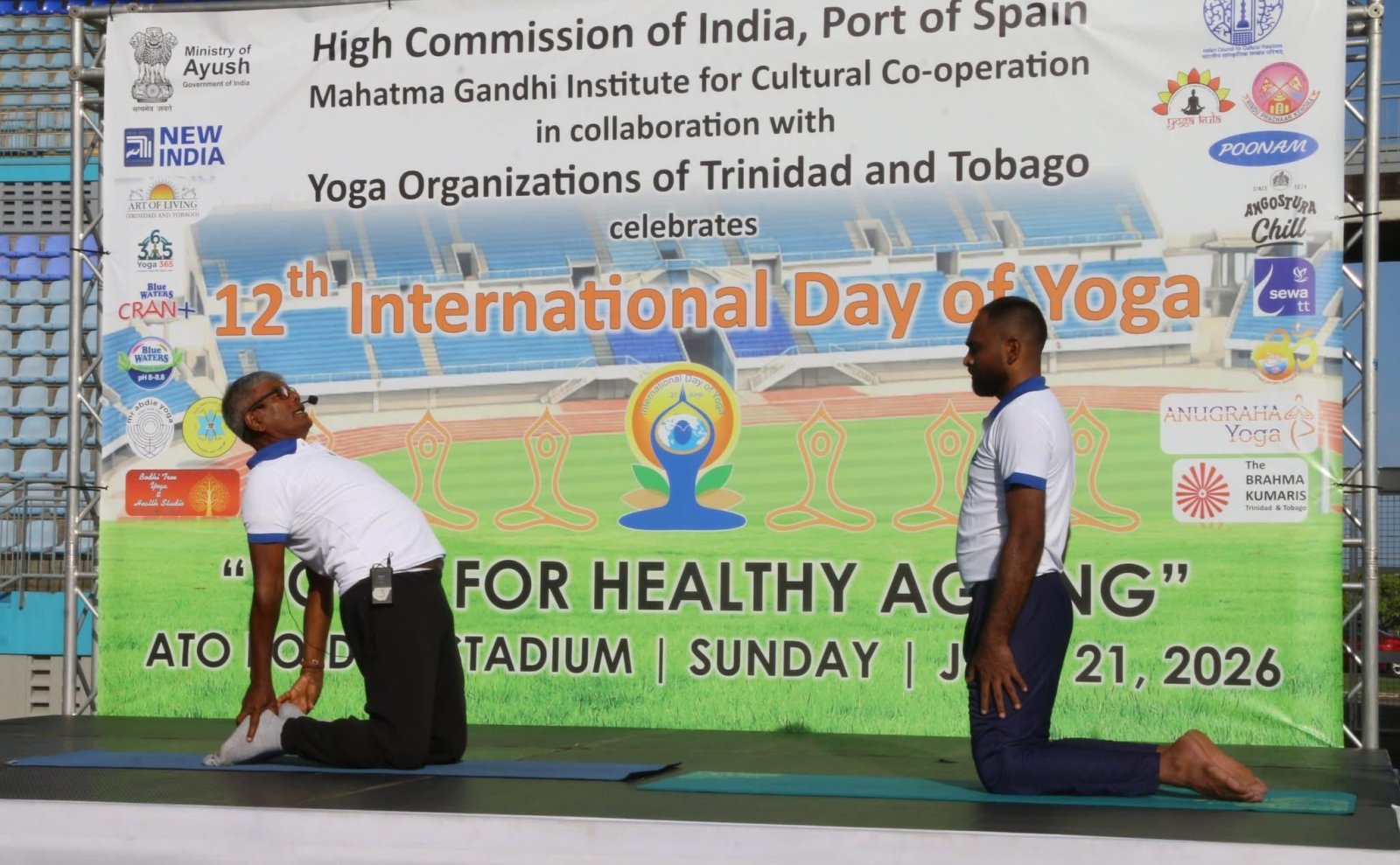 Celebration of Yoga Day at the Ato Boldon Stadium in Trinidad on June 21, 2026.