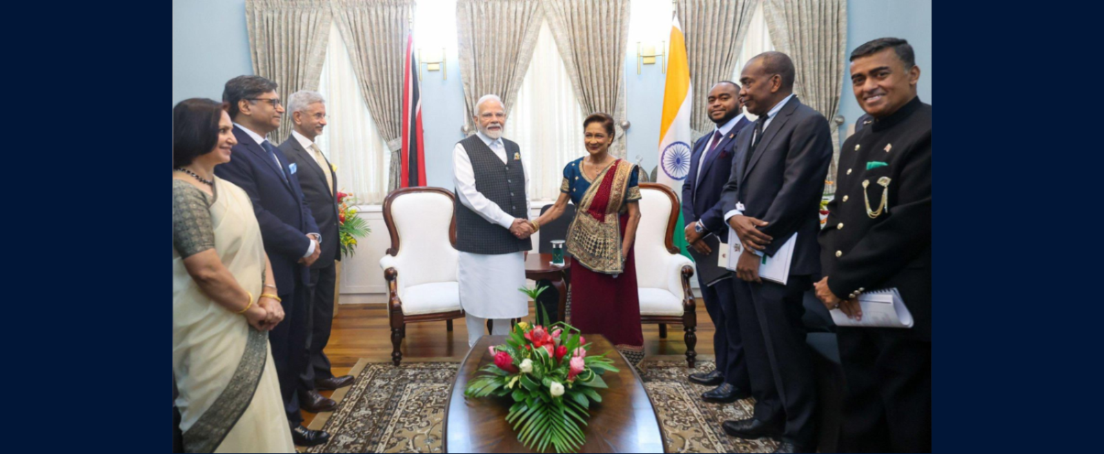 Shri Narendra Modi, Prime Minister of India, and the Prime Minister of the Republic of Trinidad and Tobago, along with their delegation teams, engaging in high-level talks focused on strengthening bilateral ties and advancing national development.