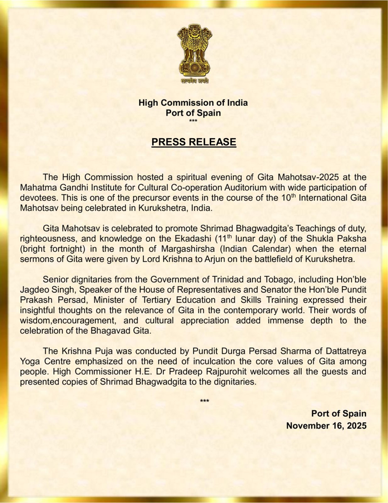 Celebration of Gita Mahotsav-2025 in Trinidad & Tobago