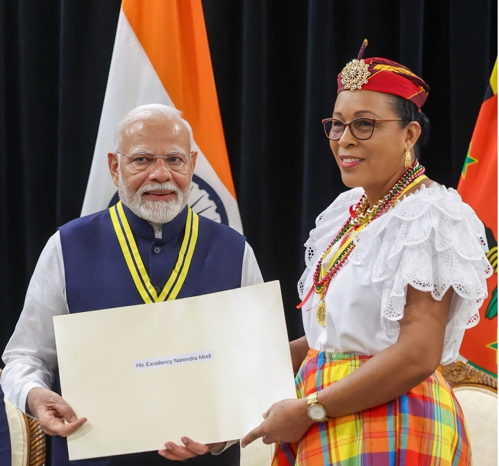 Prime Minister Shri Narendra Modi was conferred upon the Dominica Award of Honor, the highest national award of the Commonwealth of Dominica by Her Excellency Sylvanie Burton, President of the Commonwealth of Dominica in Georgetown, Guayana on November 20, 2024