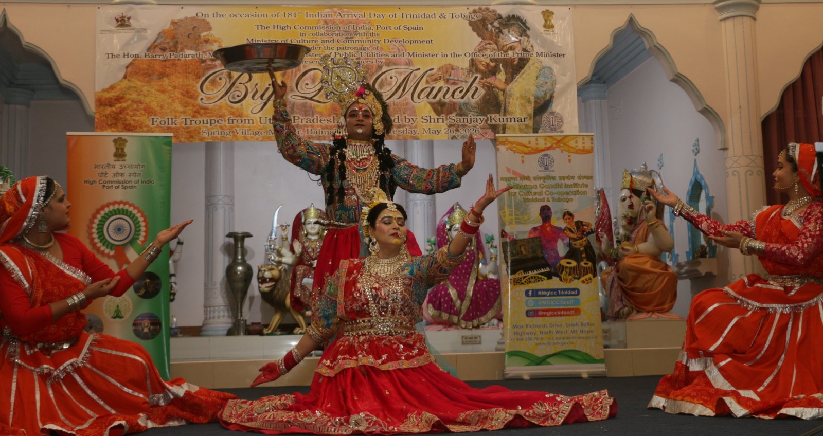 Brij Lok Manch Dance Group performing at the Spring Village Mandir, Couva on the occasion of Indian Arrival Day