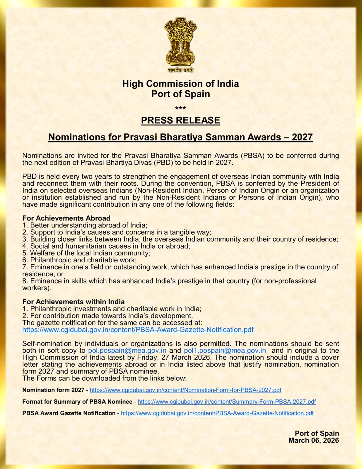 Nominations for Pravasi Bharatiya Samman Awards - 2027