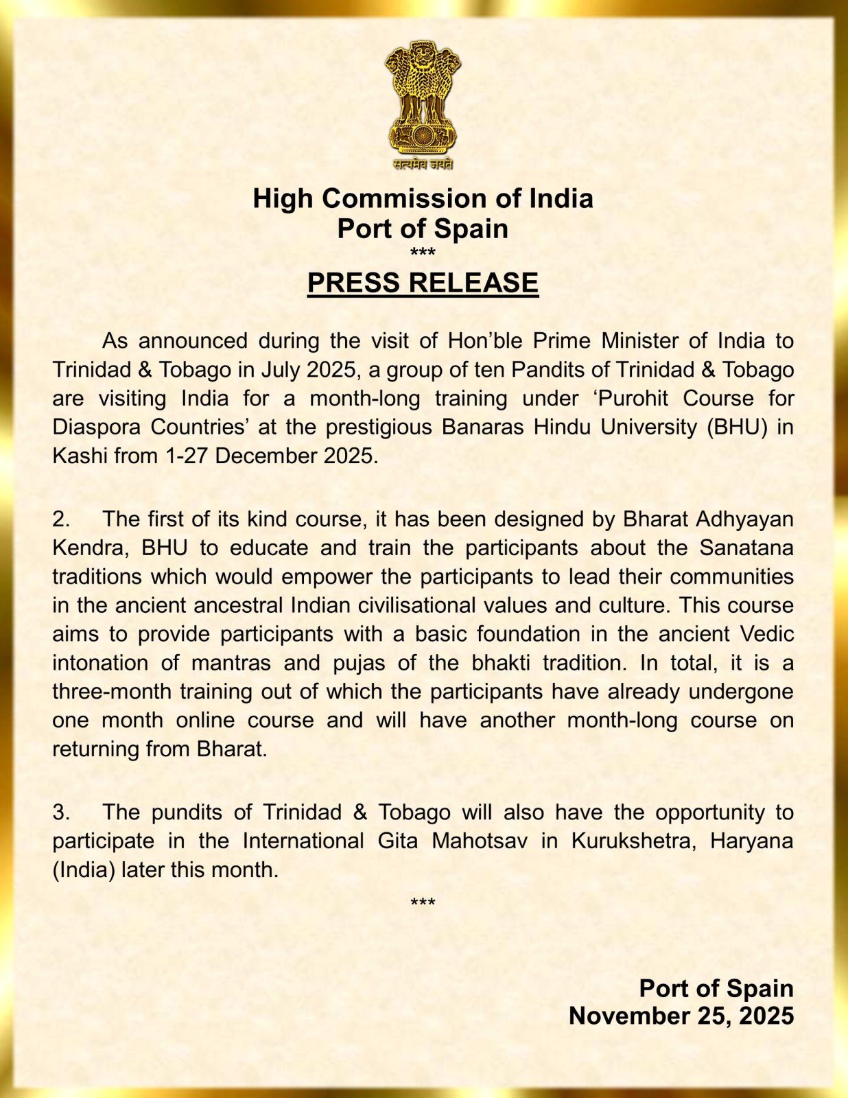 Participation of 10 Pandits from T&T in ‘Purohit Course for Diaspora Countries’ at Bharat Adhyayan Kendra, BHU, India