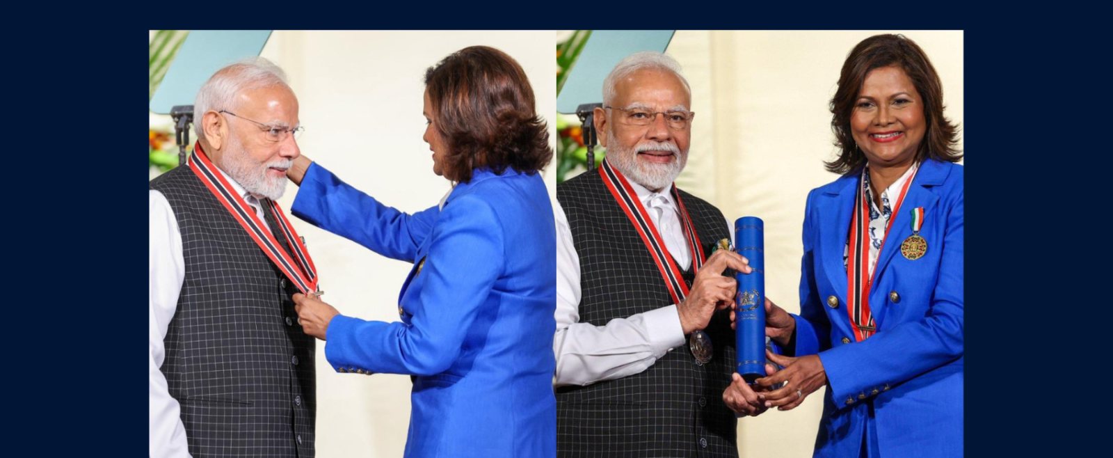 Prime Minister of India Shri Narendra Modi was honoured by the people of Trinidad and Tobago with the nation’s highest award, the Order of the Republic of Trinidad and Tobago (ORTT), conferred by Her Excellency Christine Carla Kangaloo, President of the Republic of Trinidad and Tobago.
