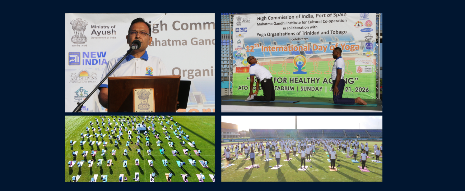 Hundreds of yoga enthusiasts gathered at the Ato Boldon Stadium on 21 June 2026 to celebrate the 12th International Day of Yoga under the theme \\
