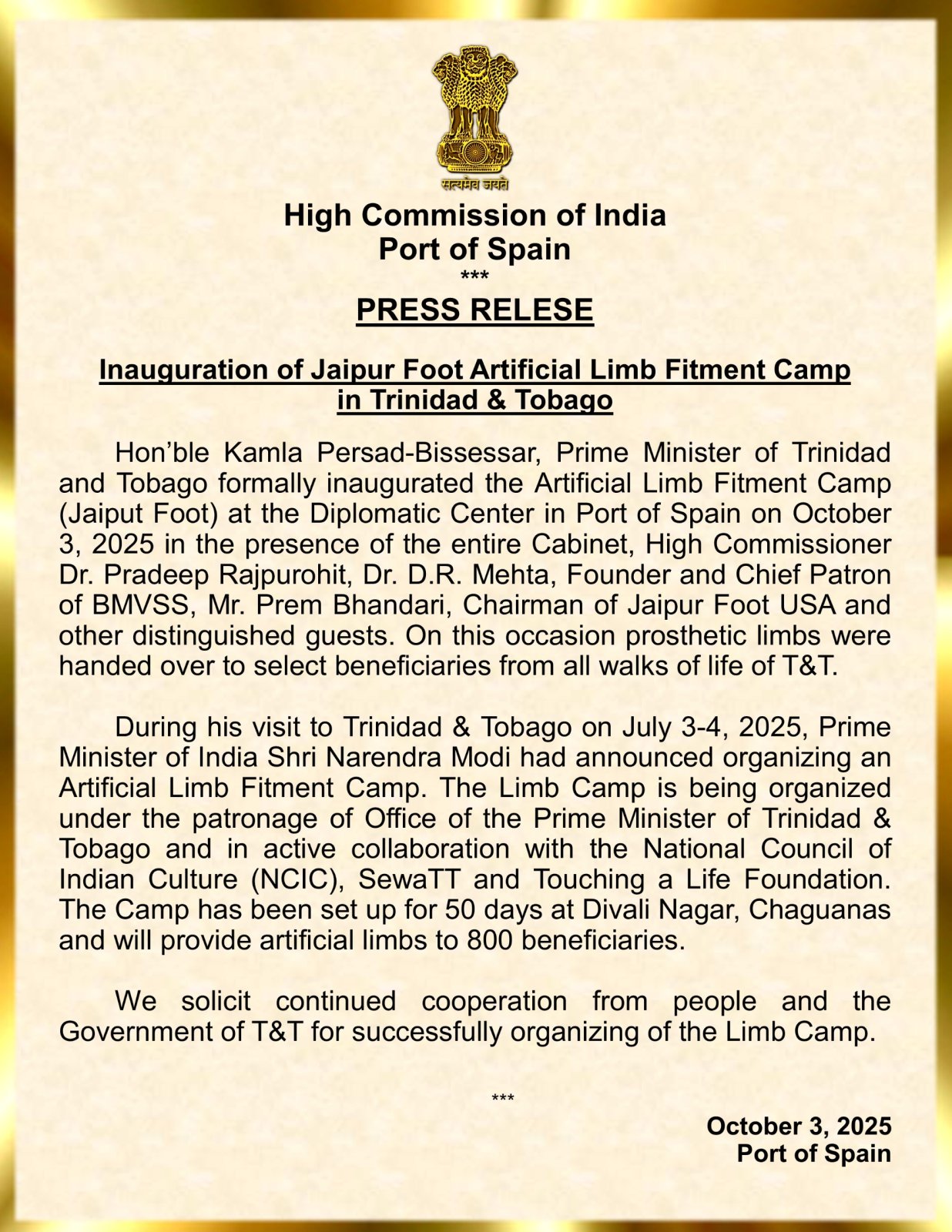 Inauguration of Jaipur Foot Artificial Limb Fitment Camp in Trinidad & Tobago