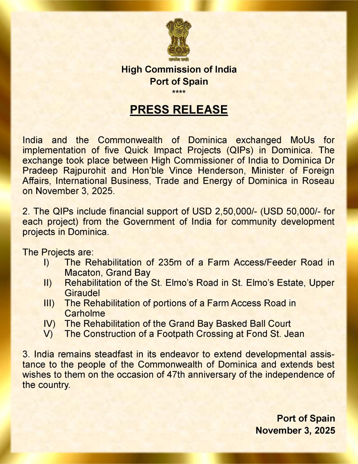 Exchange of MOUs for Implementation of Quick Impact Projects (QIPs) in Dominica