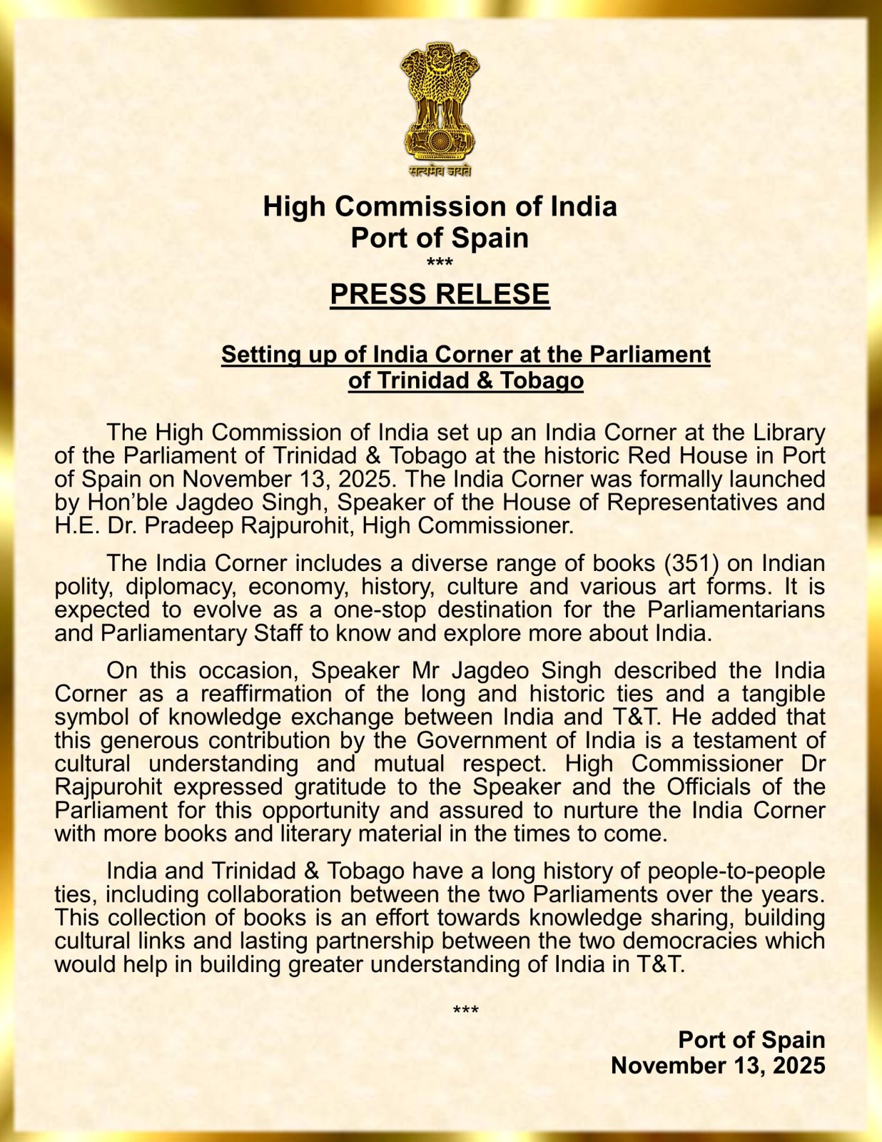 Setting up of India Corner at the Parliament of Trinidad & Tobago