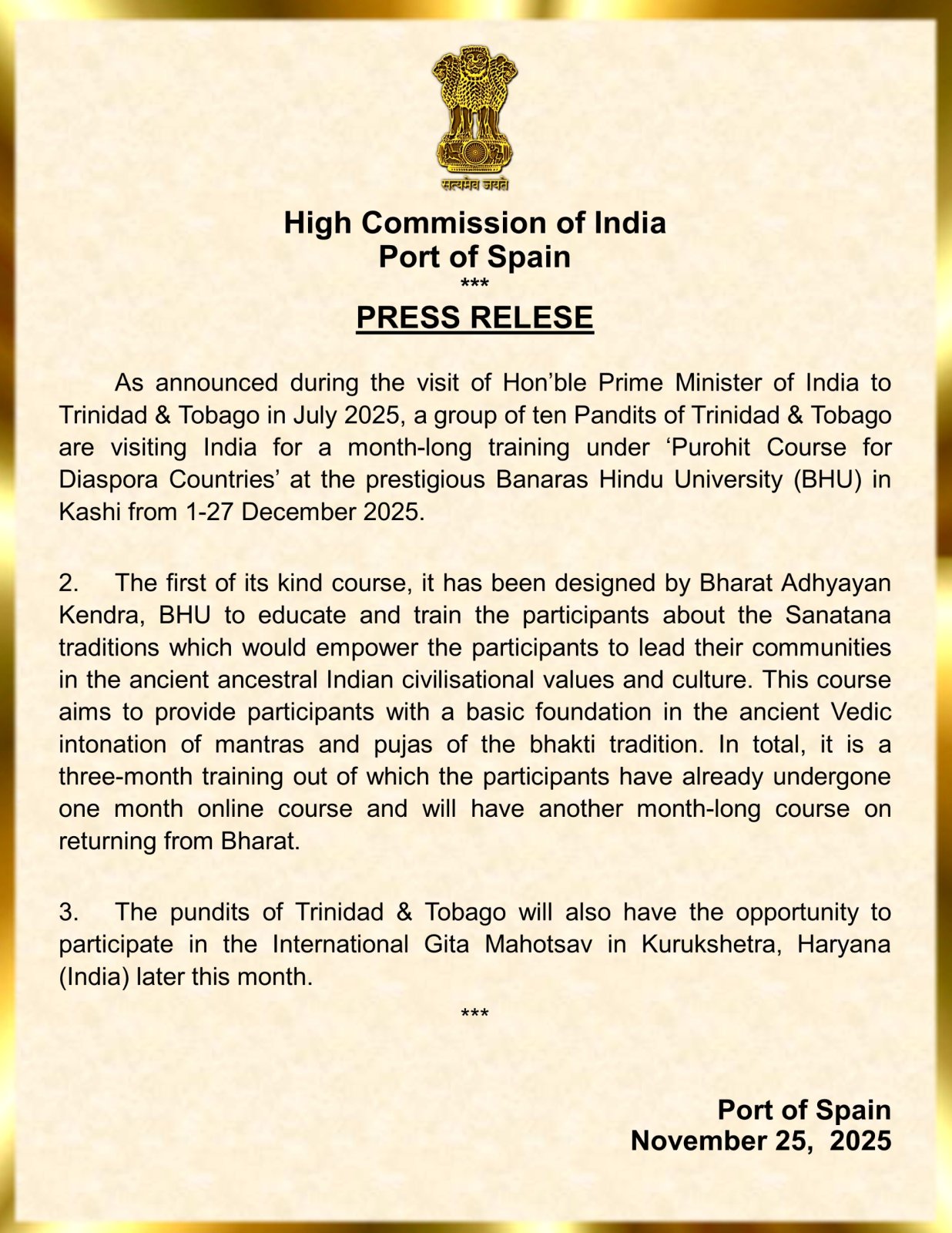 Participation of 10 Pandits from T&T in ‘Purohit Course for Diaspora Countries’ at Bharat Adhyayan Kendra, BHU, India