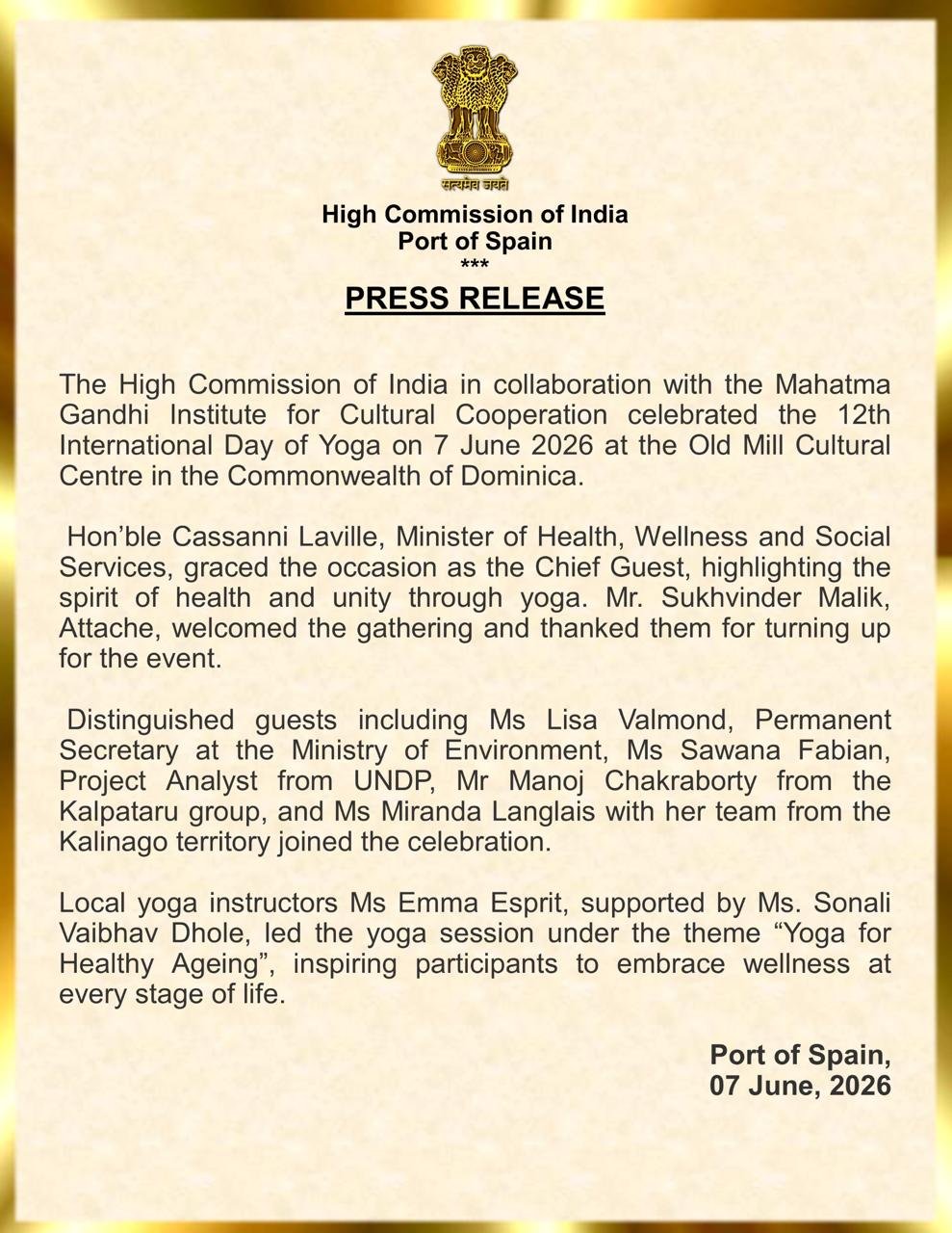 Celebration of Yoga Day in the Commonwealth of Dominica on June 07, 2026