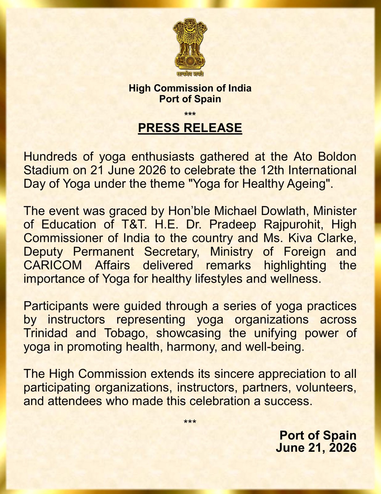 Celebration of International Day of Yoga in Trinidad & Tobago