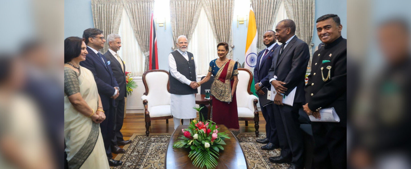 Shri Narendra Modi, Prime Minister of India, and the Prime Minister of the Republic of Trinidad and Tobago, along with their delegation teams, engaging in high-level talks focused on strengthening bilateral ties and advancing national development.