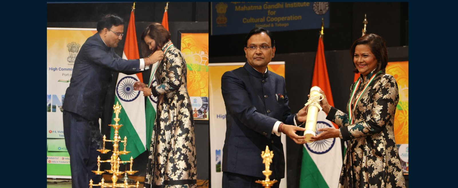 On behalf of the President of India, High Commissioner Dr. Pradeep Rajpurohit presented the Pravasi Bharatiya Samman Award (Overseas Indian Award)-2025 to Her Excellency Christine Carla Kangaloo, ORTT, President of the Republic of Trinidad & Tobago, for her outstanding achievements in Public Affairs and for fostering the name and prestige of India, at the Republic Day reception held at MGICC on January 26, 2025.