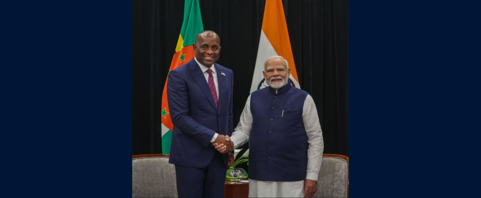 Prime Minister Shri Narendra Modi met Hon'ble Roosevelt Skerrit, PM of Commonwealth of Dominica on the sidelines of the 2nd India-CARICOM Summit in Guyana on 20 Nov, 2024. The two leaders explored opportunities for bilateral cooperation in areas such as climate resilience, healthcare, capacity building and deepening of people-to-people ties.