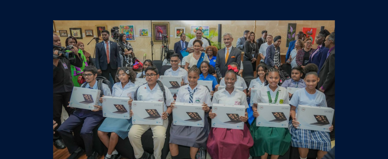 EAM Dr. S. Jaishankar presented Made in India laptops to Trinbagonian school children in Parliament on 8 May, 2026.