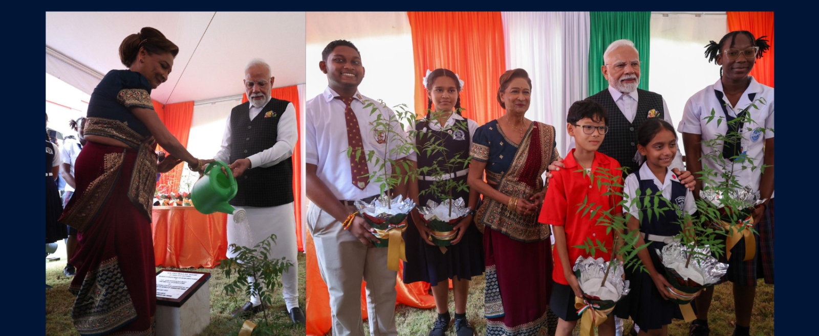 Under the campaign ‘Ek Ped Maa Ke Naam’, Prime Ministers of India and Trinidad & Tobago planting neem tree at the Red House in Trinidad & Tobago.