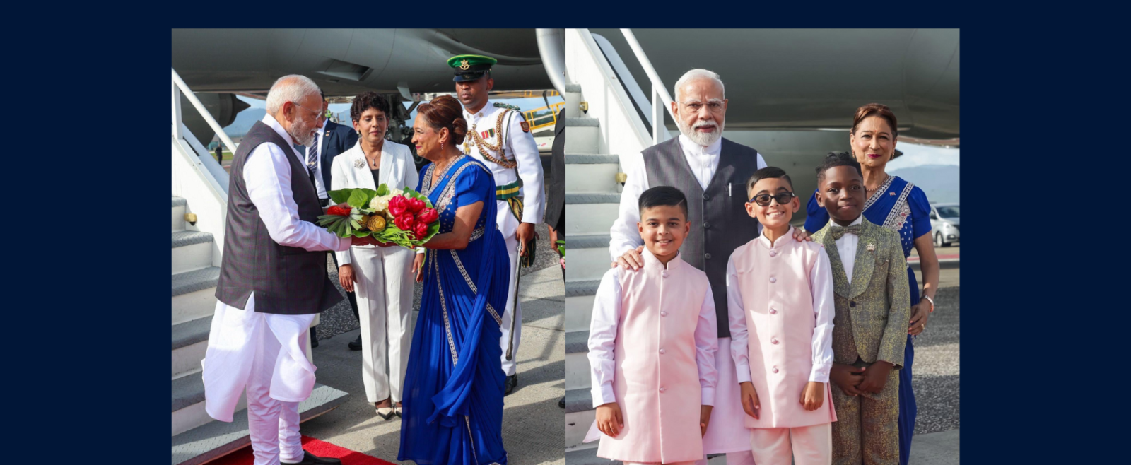 Prime Minister Shri Narendra Modi warmly received by Hon’ble Kamla Persad-Bissessar, Prime Minister of Trinidad & Tobago on his arrival at Piarco International Airport on July 3, 2025.
