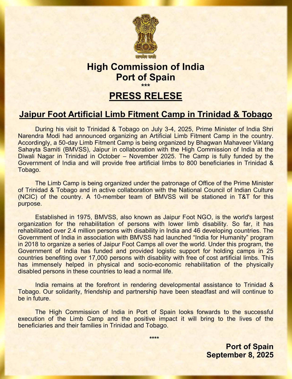 Jaipur Foot Artificial Limb Fitment Camp in Trinidad & Tobago