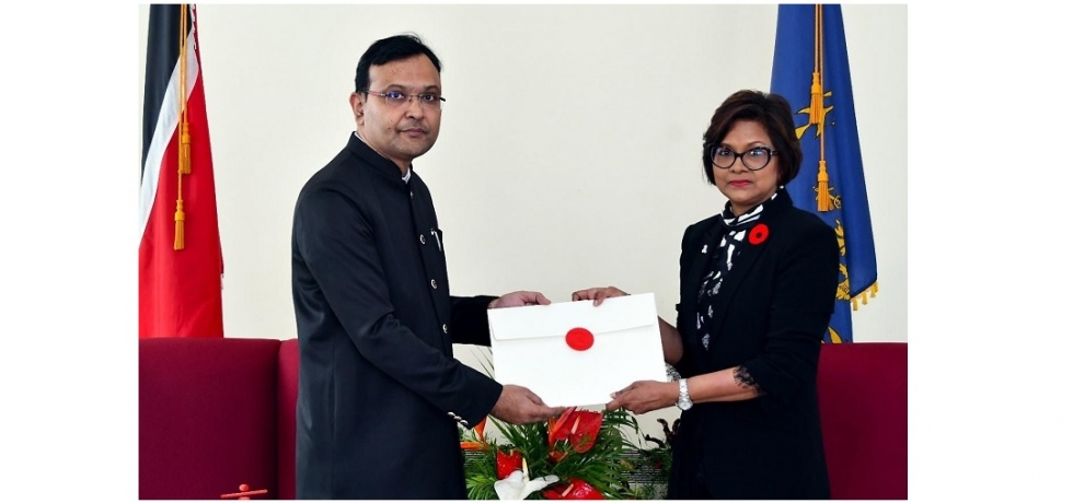 High Commissioner Dr. Pradeep Rajpurohit presented his Letters of Credence to Her Excellency Christina Kangaloo, O.R.T.R., President of the Republic of Trinidad and Tobago, in Port of Spain on October 10, 2023