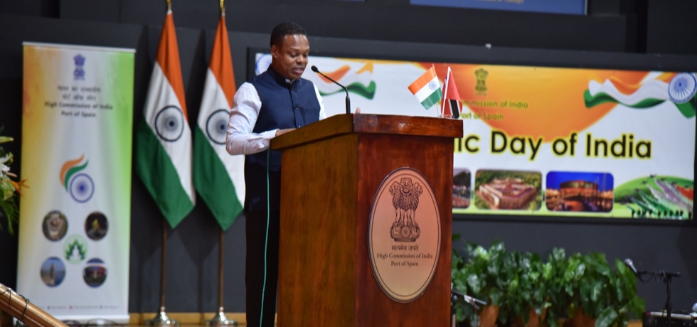 Senator the Honourable Dr. Amery Browne, Minister of Foreign and CARICOM Affairs of the Republic of Trinidad & Tobago addressing at a reception on January 26, 2024 on the occasion of 75th Republic Day of India