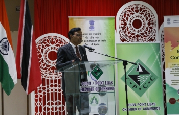 The High Commissioner Dr. Pradeep Rajpurohit made a presentation on ‘Doing Business with India’ at the Couva / Point Lisas Chamber of Commerce to explore opportunities of direct trade in specific sectors. Mr. Rudranath Indarsingh, MP for Couva South, Mr. Mukesh Ramsingh, President of the Chamber and Mr. Ryan Rampersad, Chairman, Couva/Tabaquite/Talparo Corporation also elaborated on the prospects of bilateral cooperation at the event. 